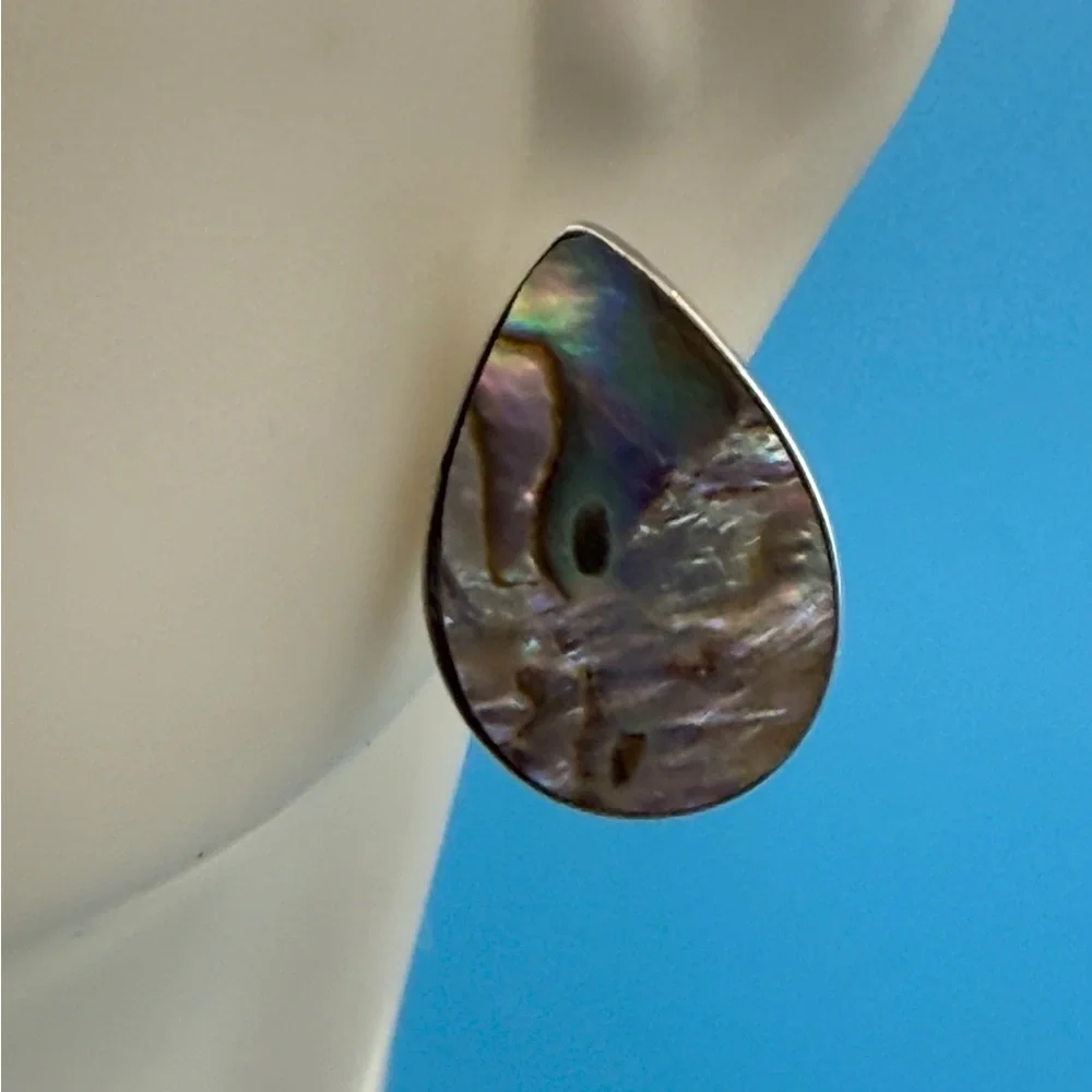 Estate Sterling Silver Abalone Shell Teardrop Earrings BEAUTIFUL Color